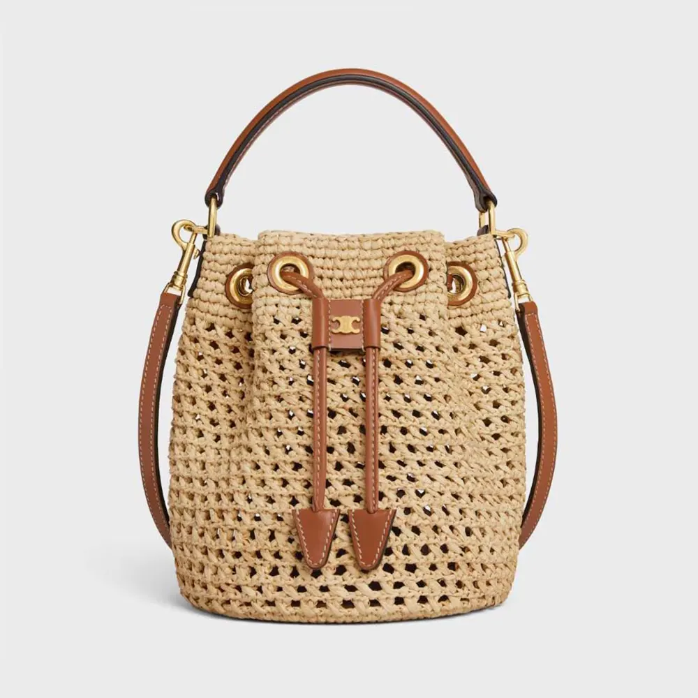 Front view of Celine Women Teen Clara Bag in natural raffia and calfskin