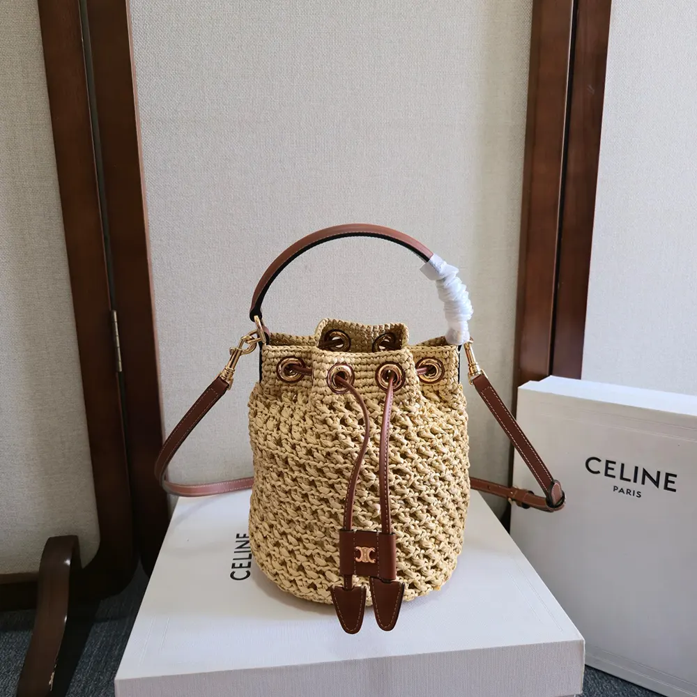 Close-up of gold hardware and raffia texture on Celine Teen Clara Bag