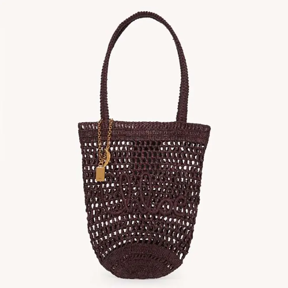 Front view of Chloe Women Small Summer Banana Tote Bag in Raffia-Kohl Brown