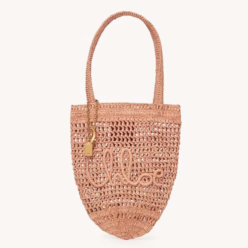 Front view of Chloe Women Small Summer Banana Tote Bag in Raffia-Pink