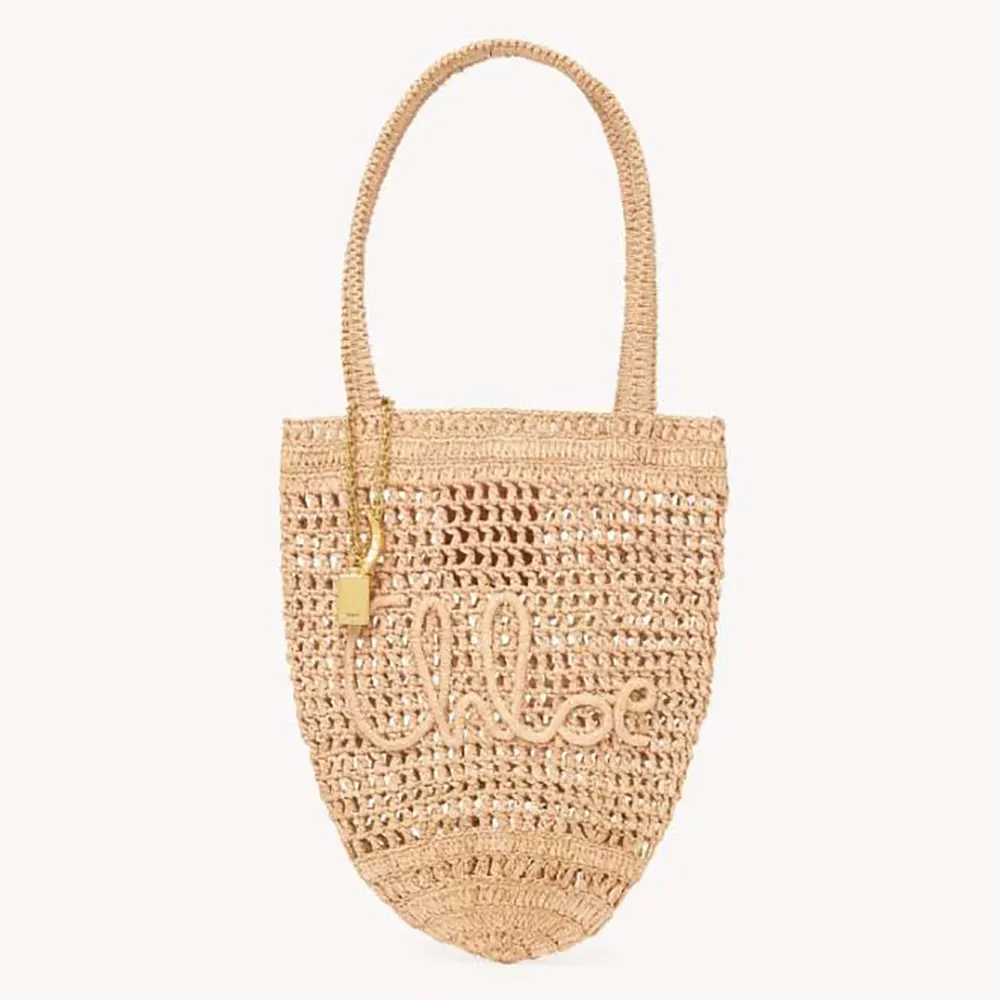 Front view of Chloe Women Small Summer Banana Tote Bag in Raffia-Sandy