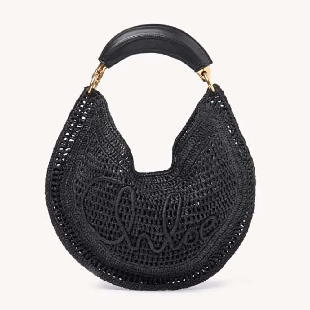 Front view of Chloe Women Summer Banana Hobo Bag In Raffia-Black