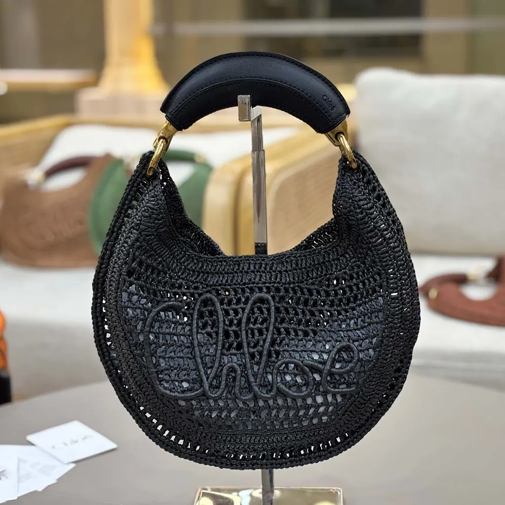 Side profile showing silhouette of Chloe Women Summer Banana Hobo Bag In Raffia-Black