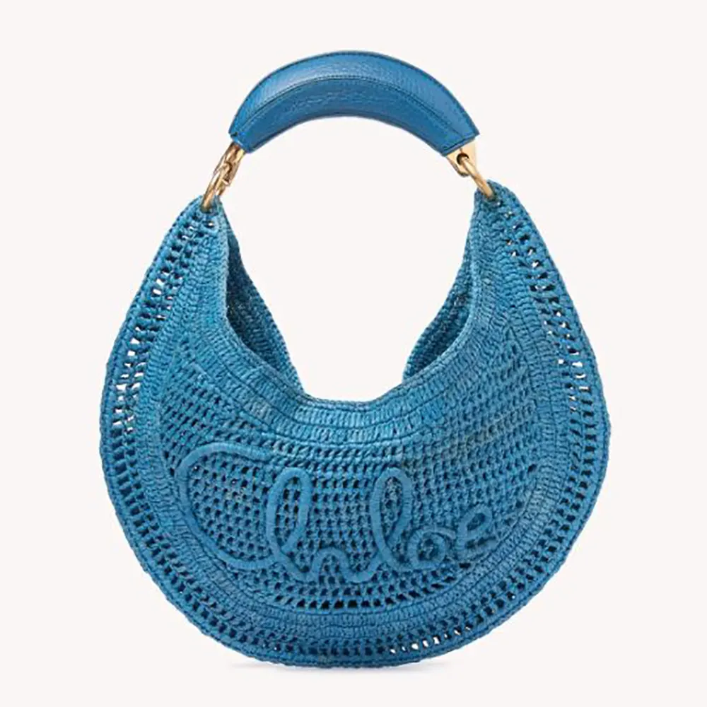 Front view of Chloe Women Summer Banana Hobo Bag In Raffia-Blue