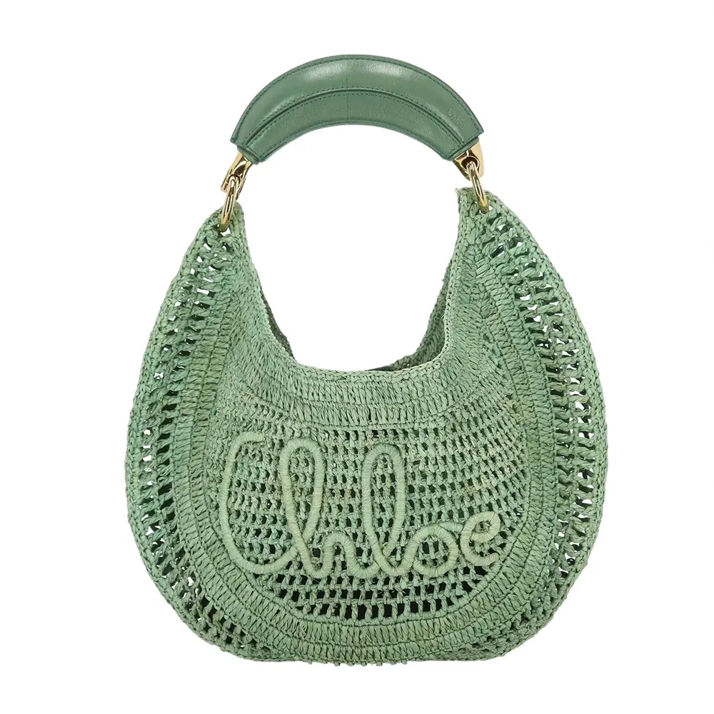 Front view of Chloe Women Summer Banana Hobo Bag In Raffia-Green