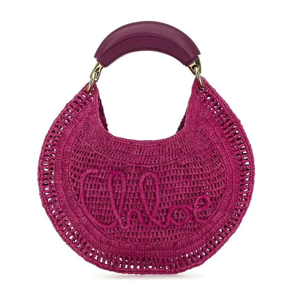 Front view of Chloe Women Summer Banana Hobo Bag In Raffia-Rose showcasing woven texture