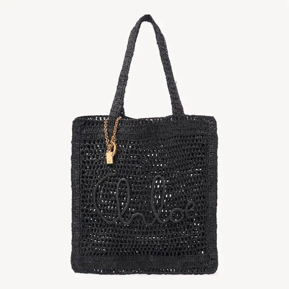 Front angle of Chloe Women Summer Banana Tote Bag In Raffia-Black
