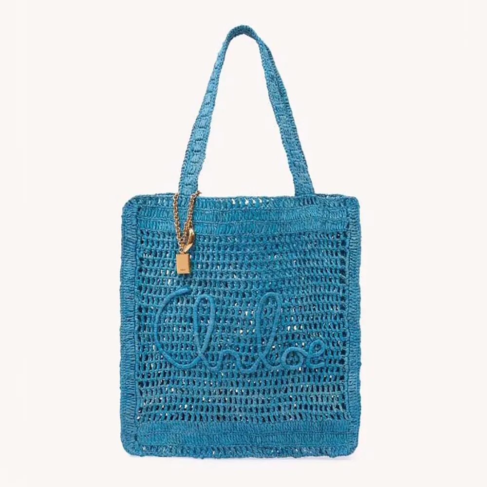 Front view of Chloe Women Summer Banana Tote Bag In Raffia-Blue