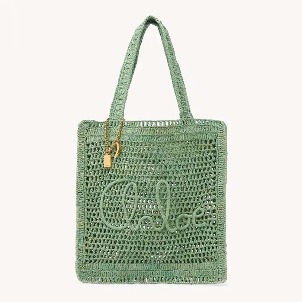 Front view of Chloe Women Summer Banana Tote Bag In Raffia-Green