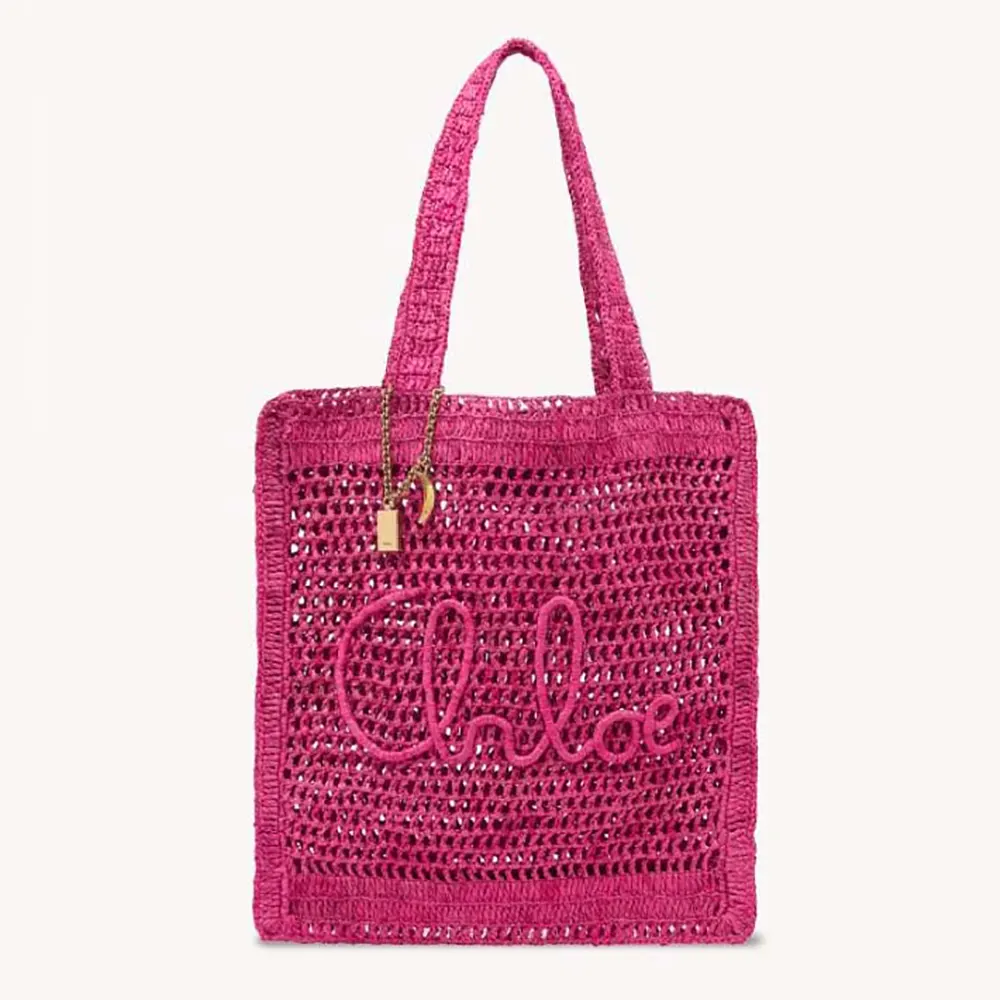 Front view of Chloe Women Summer Banana Tote Bag In Raffia-Rose