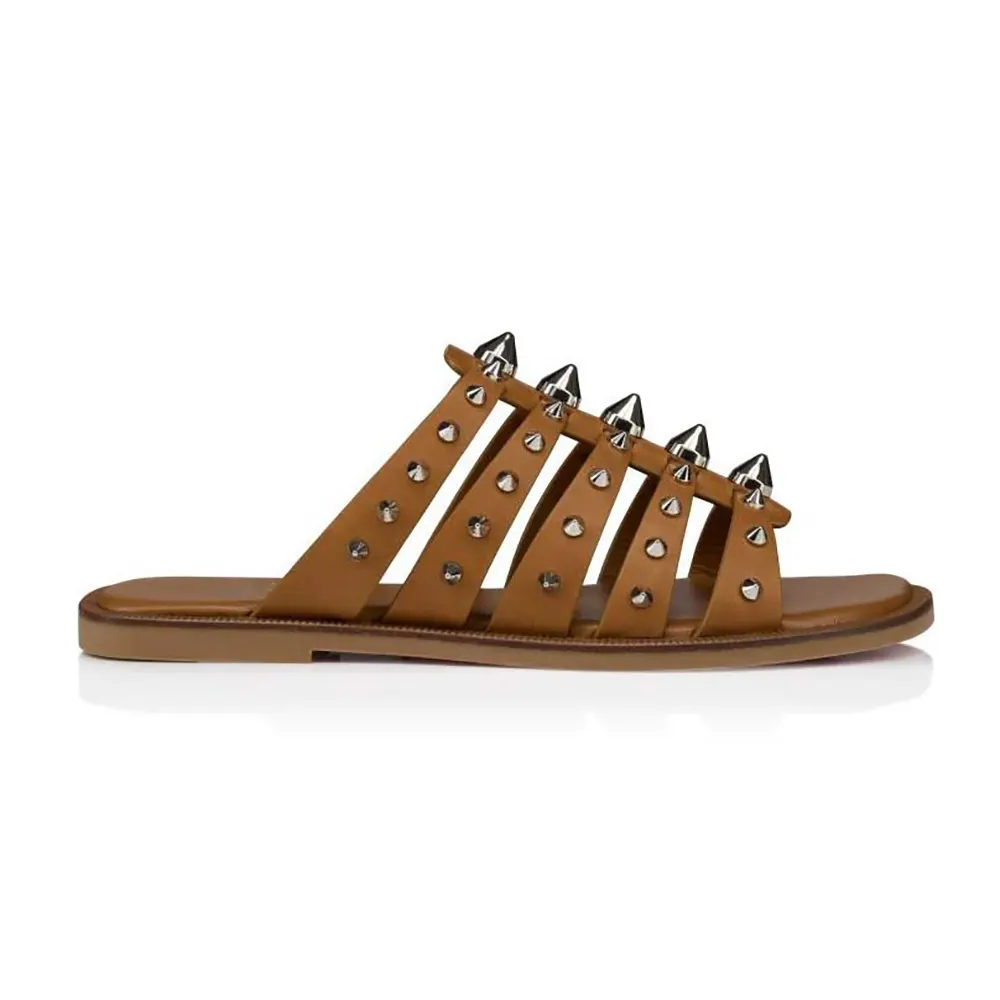 Side view of Christian Louboutin Women Charja Mules Waxed Calf Leather-Brown
