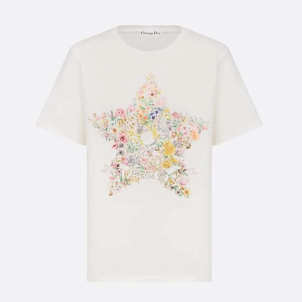 Dior Women T-Shirt White Cotton and Linen Jersey with Multicolor Dior Star Motif