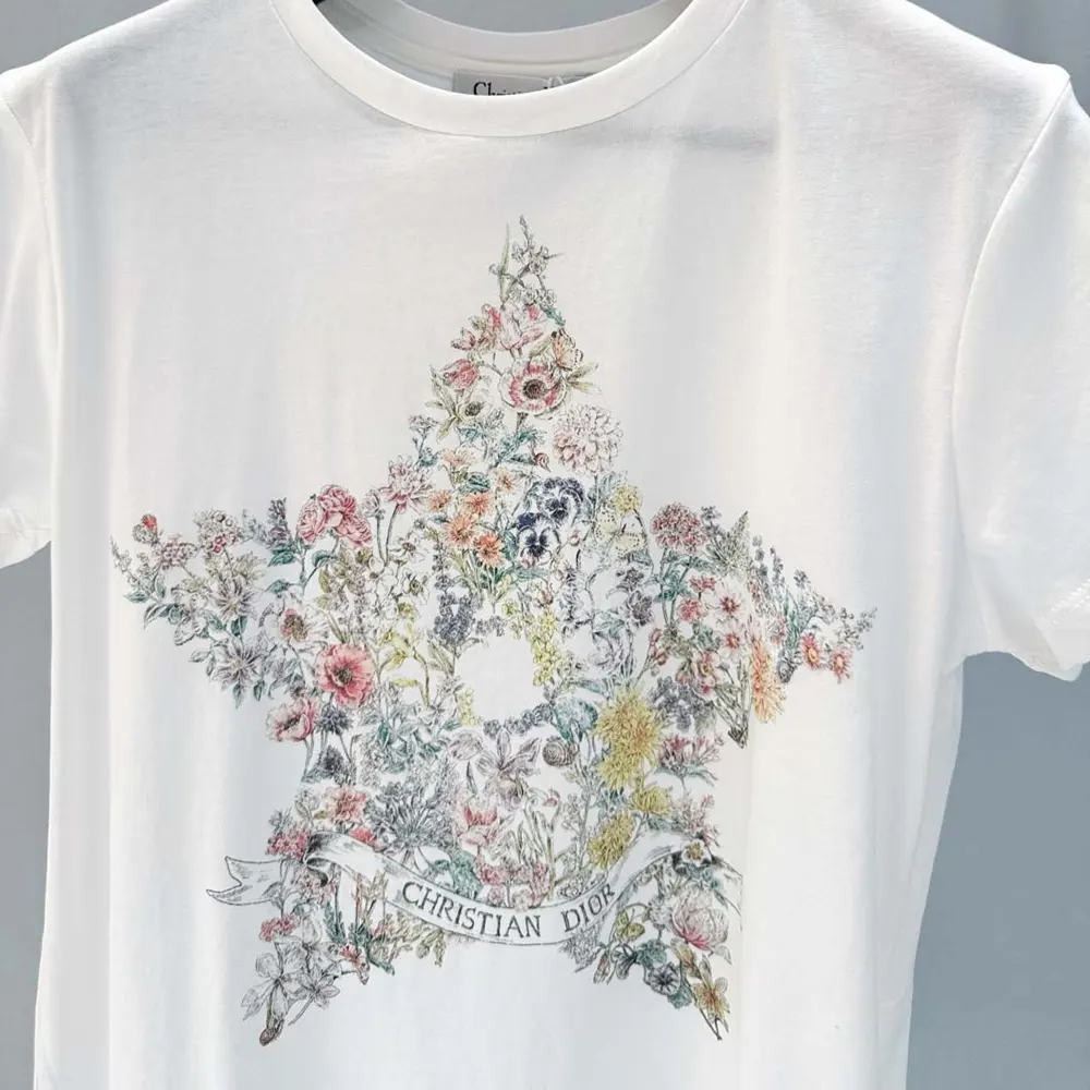 Dior Women T-Shirt White Cotton and Linen Jersey with Multicolor Dior Star Motif - image 4