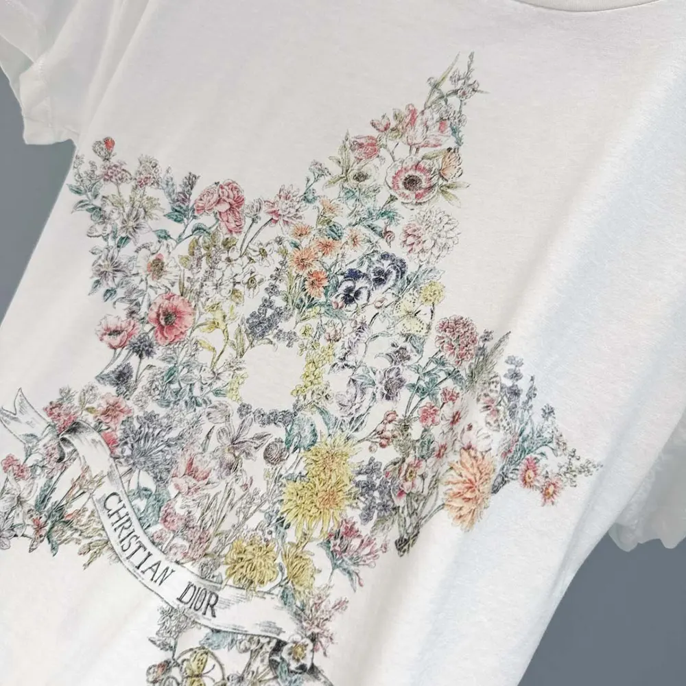 Dior Women T-Shirt White Cotton and Linen Jersey with Multicolor Dior Star Motif - image 8