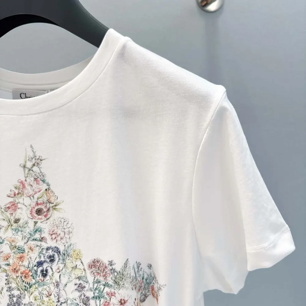 Dior Women T-Shirt White Cotton and Linen Jersey with Multicolor Dior Star Motif - image 5