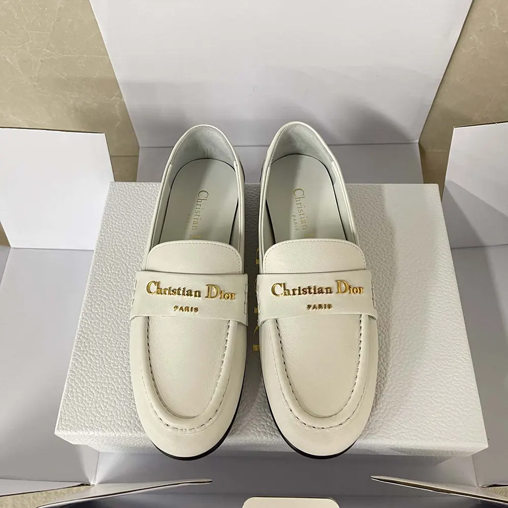 Close-up on silver hardware detail of Dior Women Boy Loafer White Supple Calfskin