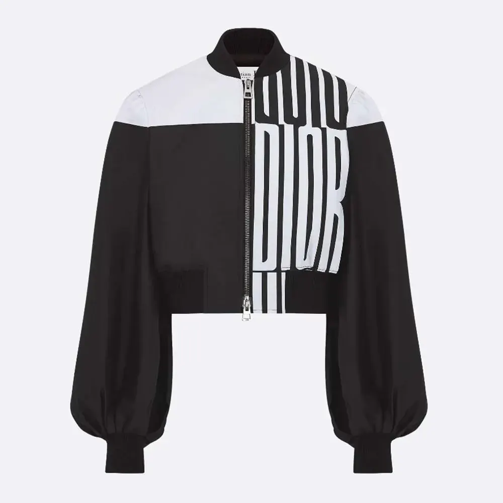 Front view of Dior Women Cropped Bomber Jacket with bishop sleeves