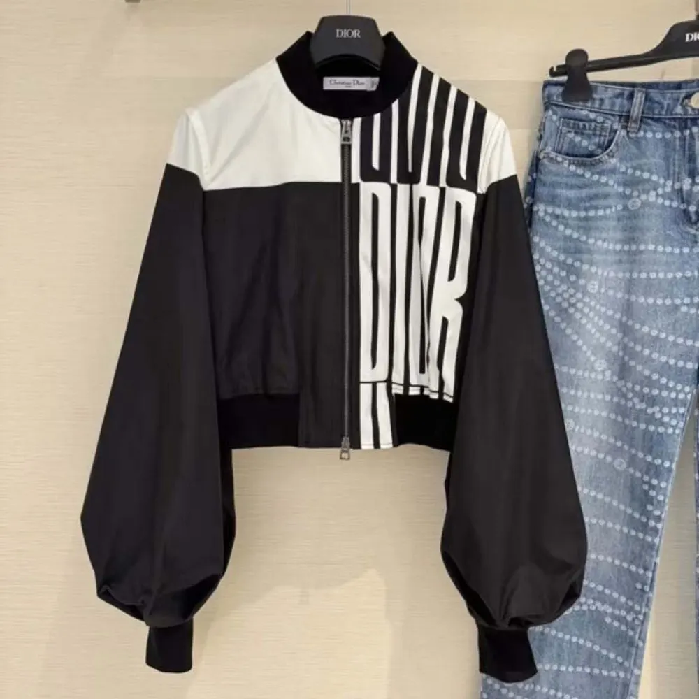 Dior Women Cropped Bomber Jacket with Bishop Sleeves Black and White Jacquard - image 4