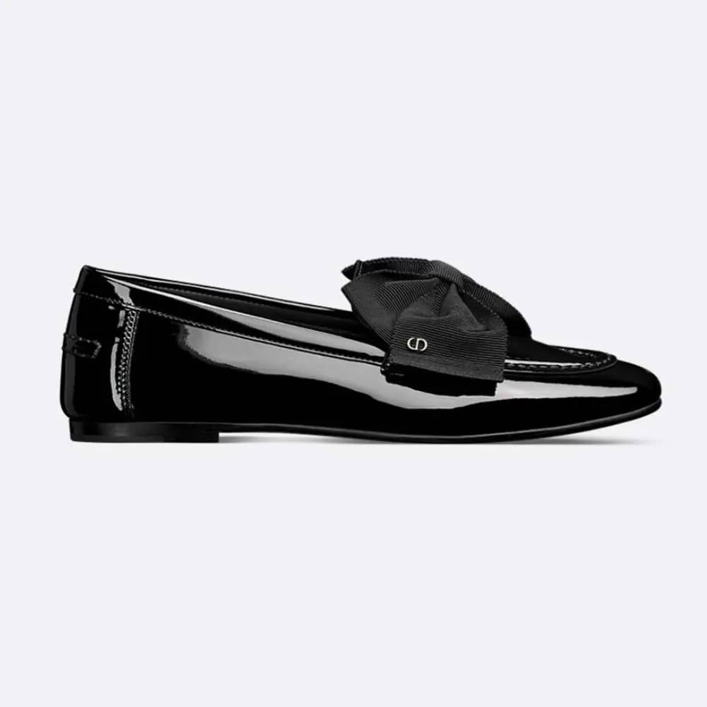 Side view of Dior Women Diorissimo Loafer Black Patent Calfskin and Grosgrain