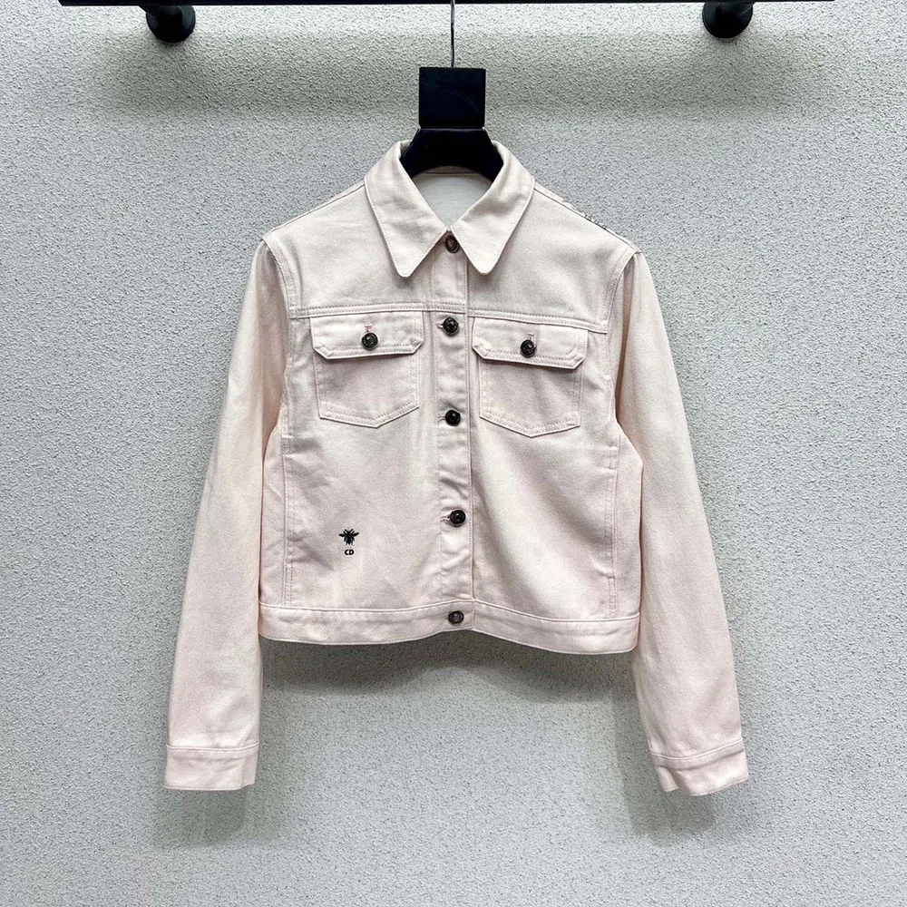 Close-up of pink floral embroidery on Dior Women Jacket Cotton Denim