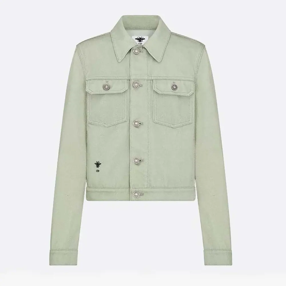 Front view of Dior Women Jacket Cotton Denim with Sage Green Dior Astral Flowers Motif