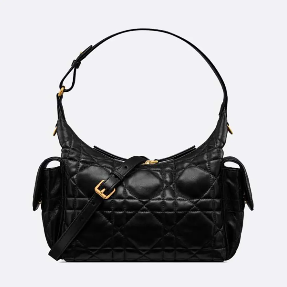Front view of Dior Women Medium D-Dream Bag Black Macrocannage Lambskin