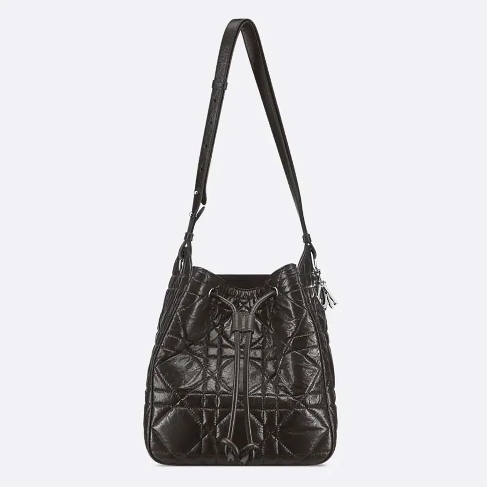 Front view of Dior Women Medium D-Motion Bag Black Macrocannage Crinkled Calfskin