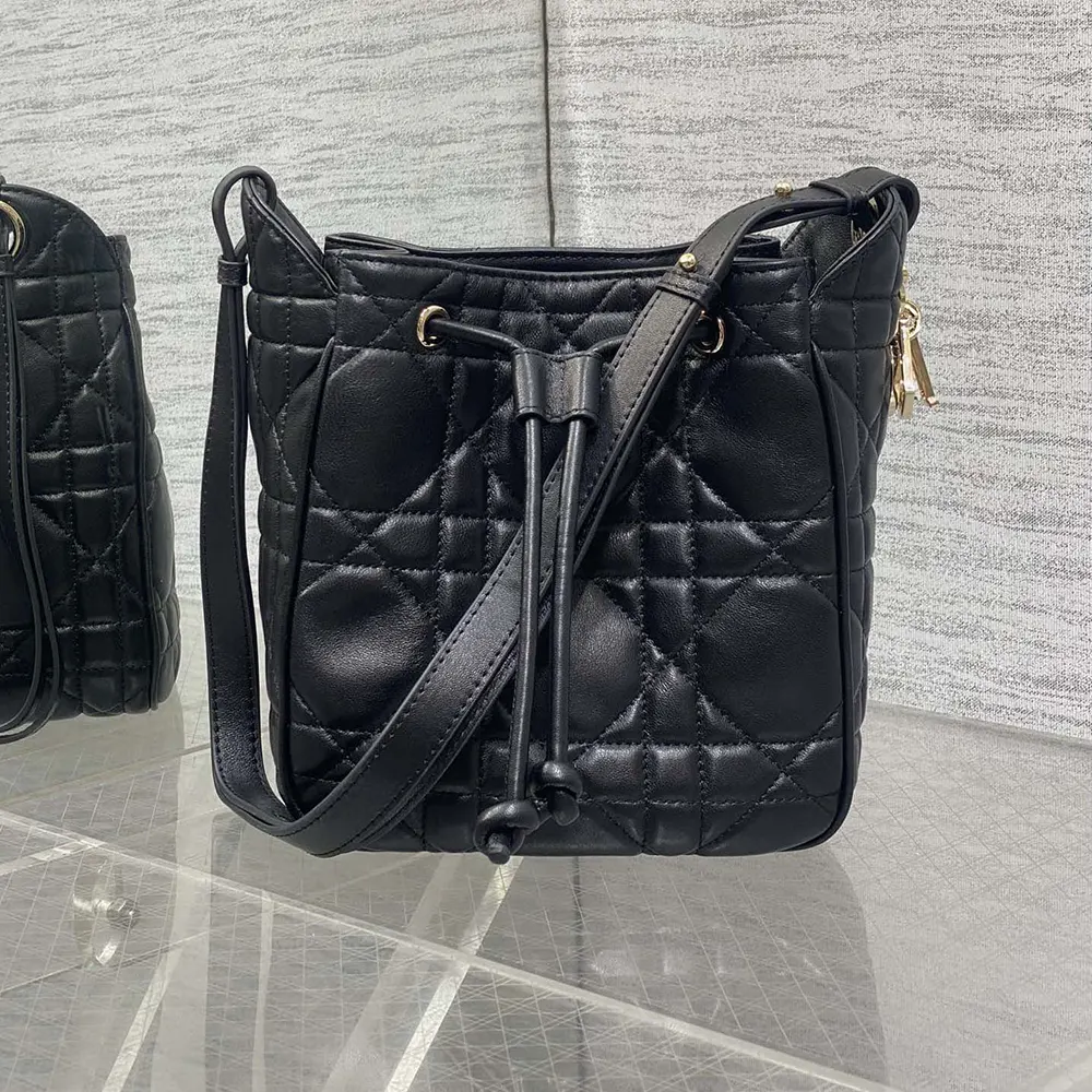 Side angle showing quilted lambskin texture on Dior Women D-Motion Bag