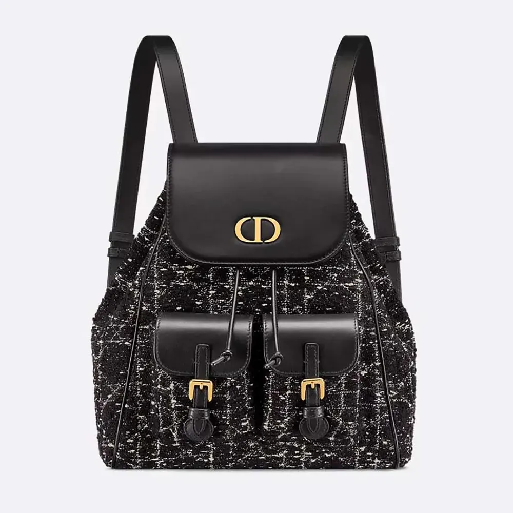Front view of Dior Women Medium Dior Caro Backpack Black Tweed with White Cannage Motif