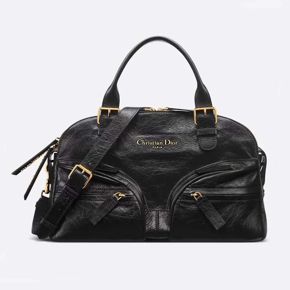Front angle of Dior Women Medium Grand Tour Bowling Bag Black Crinkled Calfskin