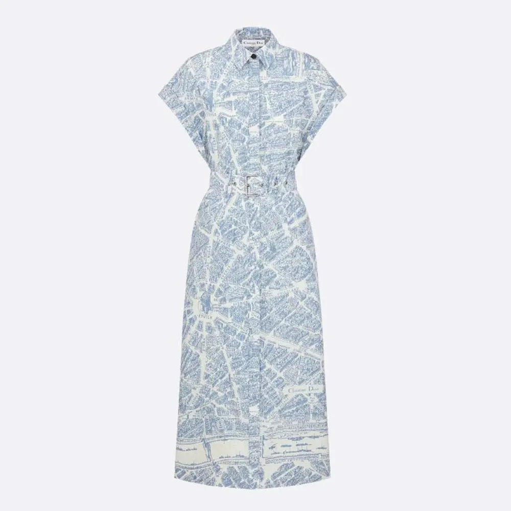 Front view of Dior Women Mid-Length Belted Shirtdress in chambray blue