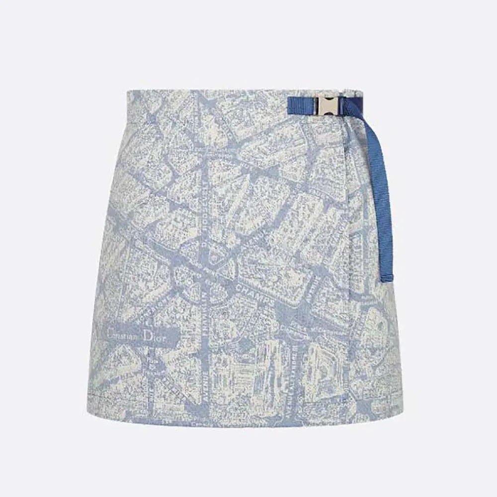 Front view of Dior Women Skort White and Chambray Blue Jacquard Technical Taffeta