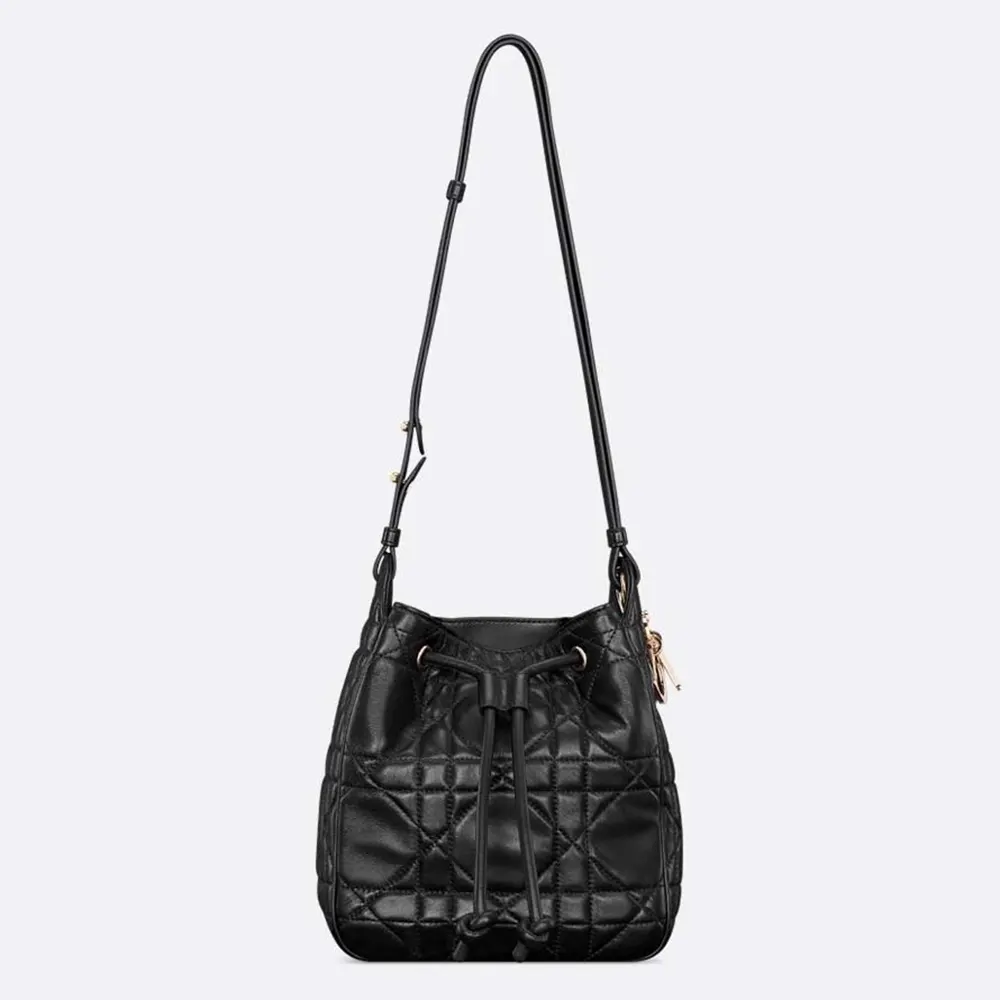 Front view of Dior Women Small D-Motion Bag Black Macrocannage Lambskin