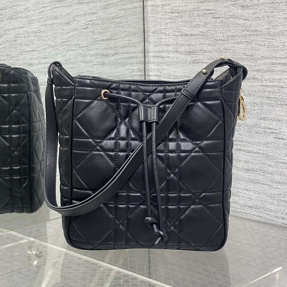 Side profile showing adjustable strap and quilting on Dior Women Medium D-Motion Bag