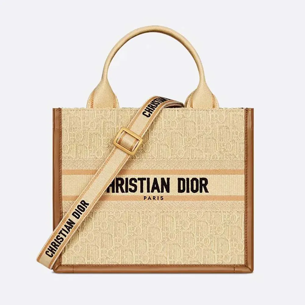 Front view of Dior Women Small Dior Book Tote Beige Dior Oblique Embroidered Raffia
