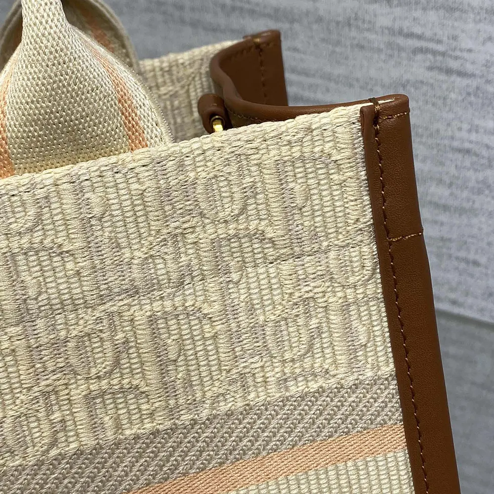 Dior Women Small Dior Book Tote Beige Dior Oblique Embroidered Raffia and Camel Calfskin - image 8