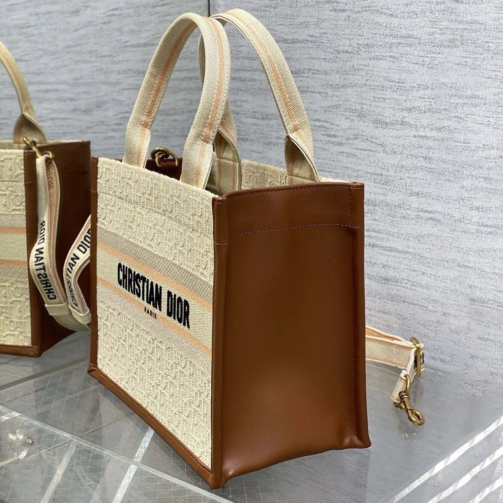 Dior Women Small Dior Book Tote Beige Dior Oblique Embroidered Raffia and Camel Calfskin - image 4