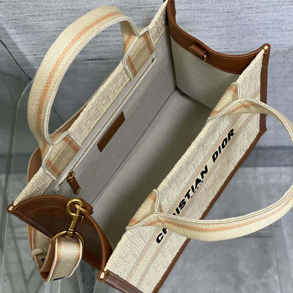 Dior Women Small Dior Book Tote Beige Dior Oblique Embroidered Raffia and Camel Calfskin - image 6