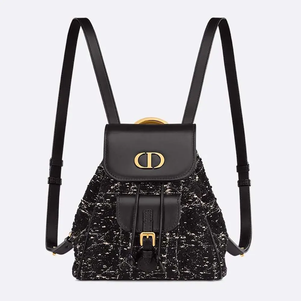 Front view of Dior Women Small Dior Caro Backpack Black Tweed with White Cannage Motif