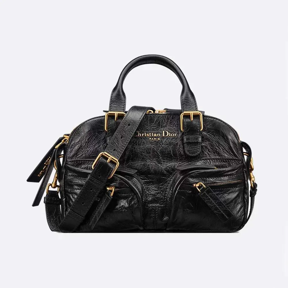 Front view of Dior Women Small Grand Tour Bowling Bag Black Crinkled Calfskin