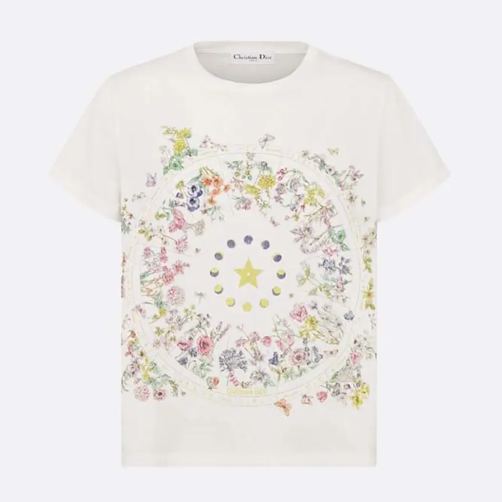 Front view of Dior Men T-Shirt White Cotton Jersey with colorful floral print