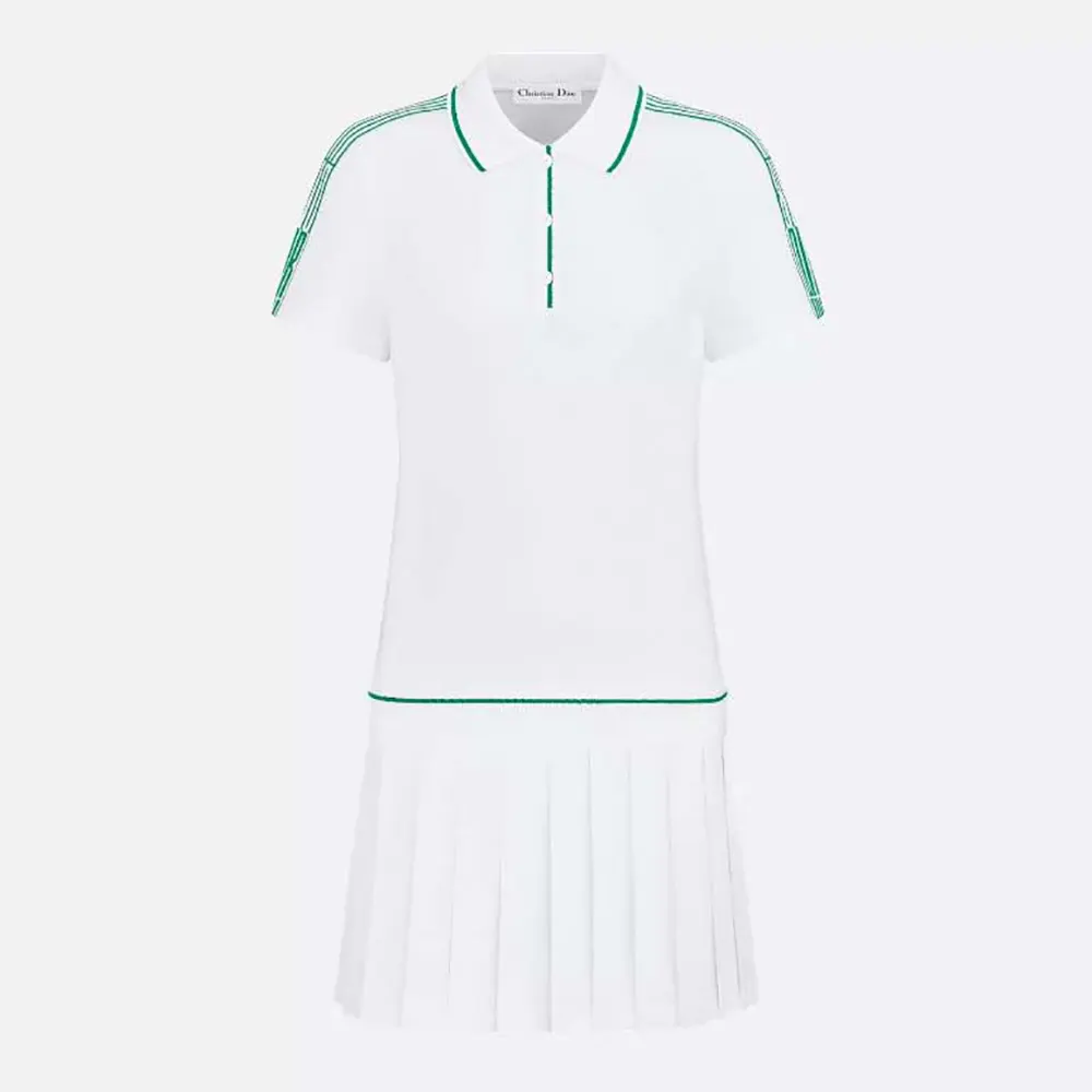 Front view of Dior Women Vibe Short Pleated Dress White Cotton Jersey