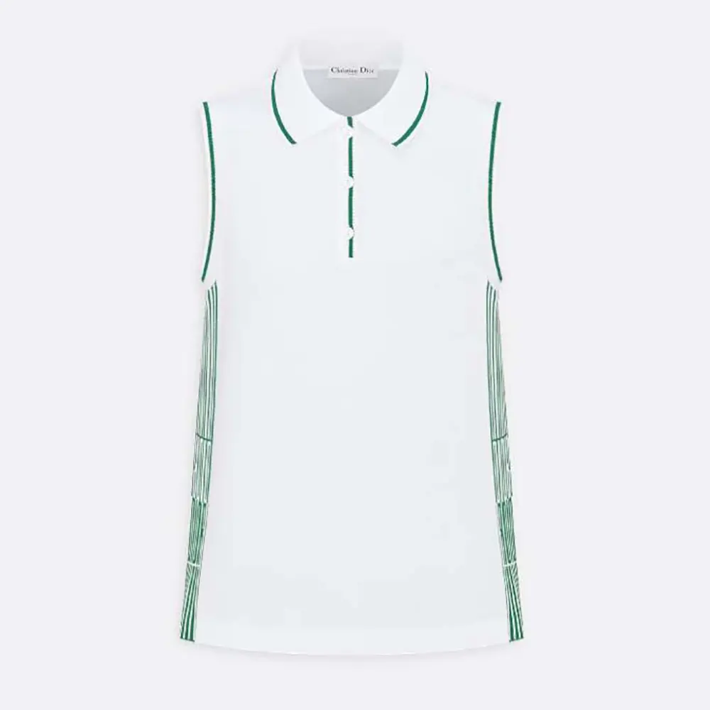 Front view of Dior Women Vibe Sleeveless Polo Shirt white cotton jersey