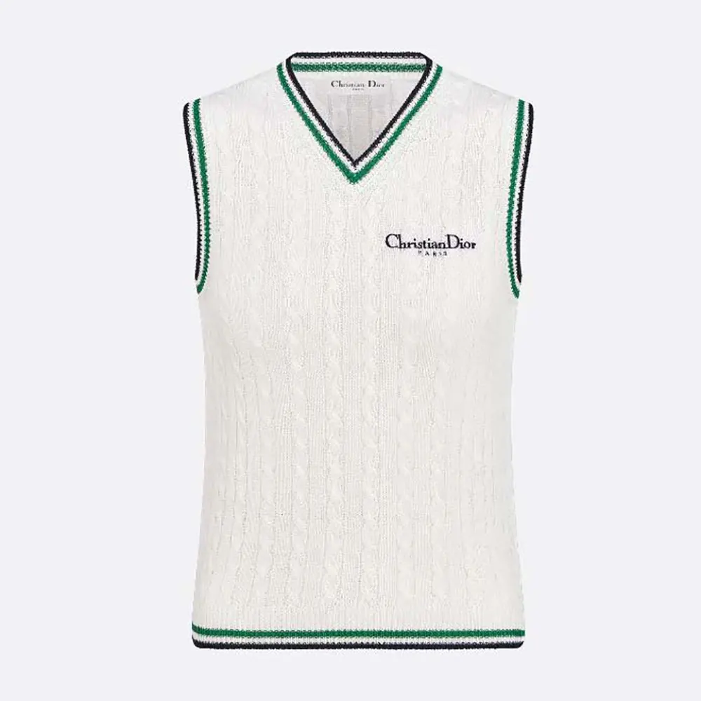 Front view of Dior Women Vibe Sweater Vest Ecru Black and Pine Green