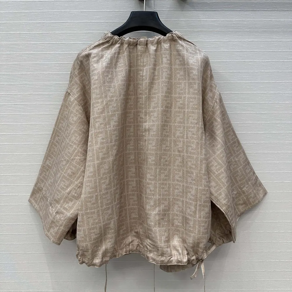 Side angle detail of chambray texture on Fendi Women Beige FF Chambray Jacket