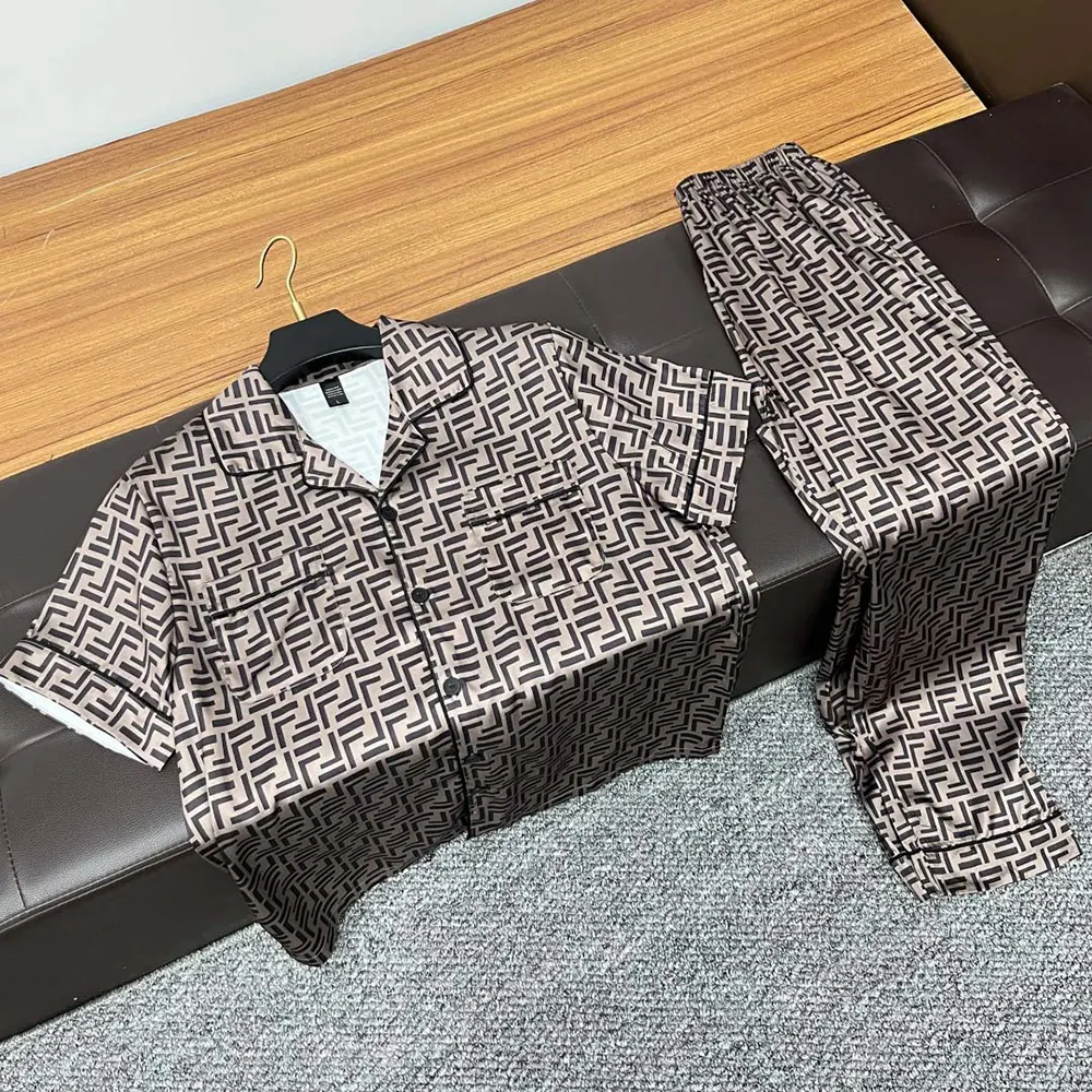 Front view of Fendi Men FF Short-Sleeved Silk Pajama Set in brown