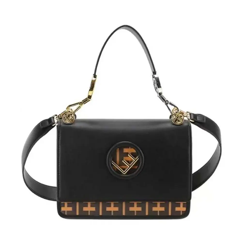 Front angle view of Fendi Women Kan I F Leather Bag in Calfskin Leather-Black