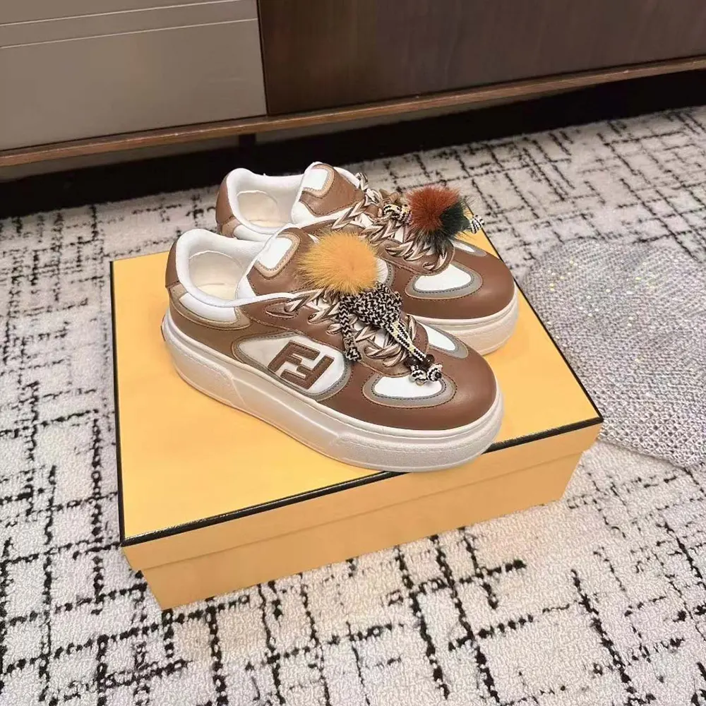 Fendi Women Match Brown Leather Platform Low-Tops With Charm - image 4