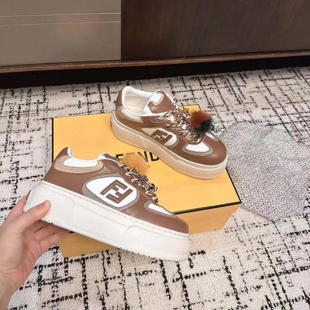 Fendi Women Match Brown Leather Platform Low-Tops With Charm - image 5