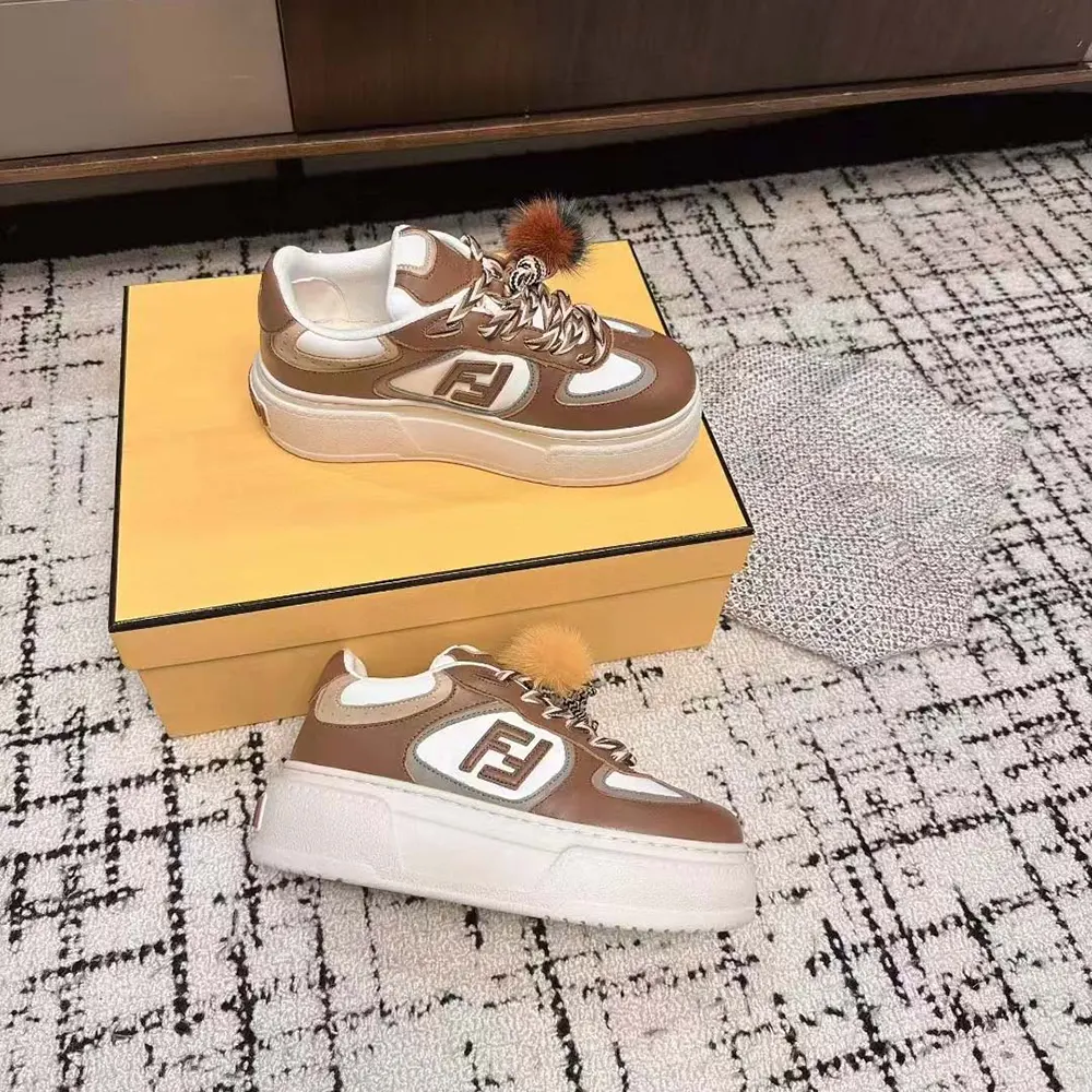 Fendi Women Match Brown Leather Platform Low-Tops With Charm - image 6